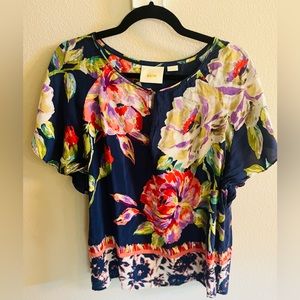 Anthropologie 100% silk floral mauve blouse size 8